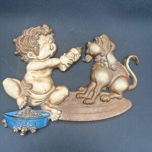 Vintage Sexton Cast Metal Child with Dog Wall Art Hanging Plaque 1976, 1227